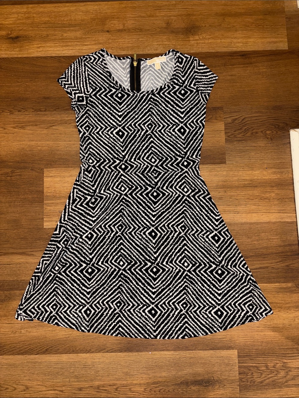 Michael Kors Black & White Geometric Fit-and-Flare Mini Dress